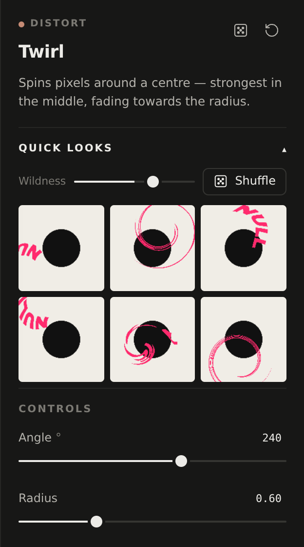 Quick Looks: Wildness slider, Shuffle and six variations