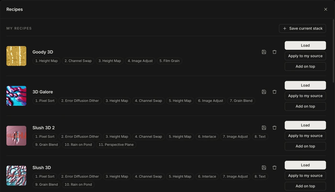 My recipes on a computer: each with its steps, and Load, Apply to my source, Add on top