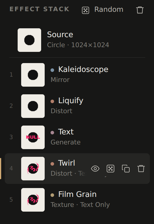 The effect stack: Source, then Kaleidoscope, Liquify, Text, Twirl, Film Grain