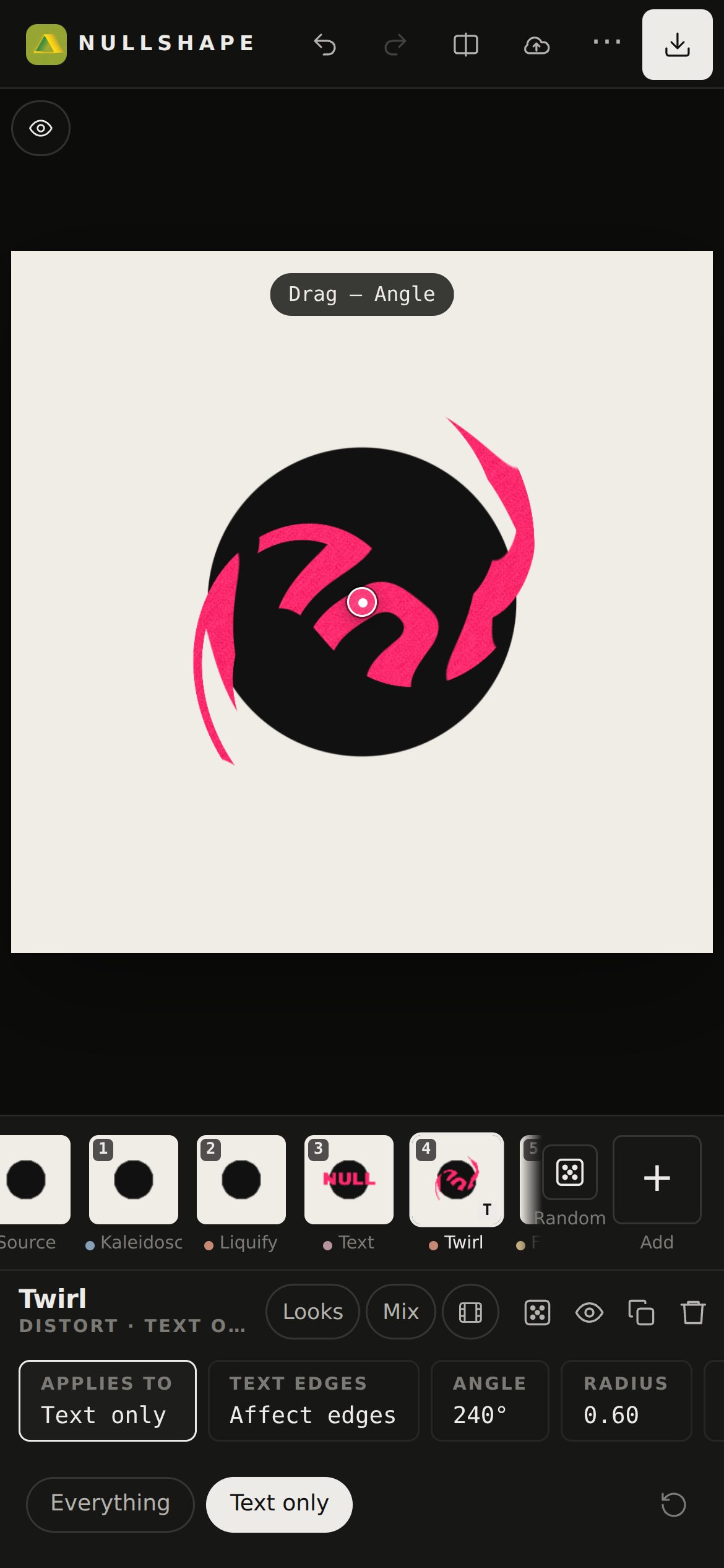 Nullshape on a phone: the picture, the strip of steps and the selected step's settings