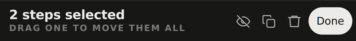 2 steps selected: hide, duplicate, delete, Done