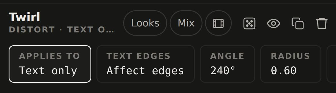 The step's header: Looks, Mix, film, dice, eye, duplicate and delete