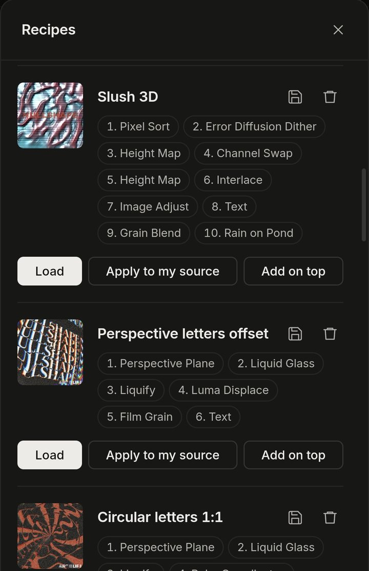 Recipes on a phone: your own recipes with their steps, and Load, Apply to my source, Add on top