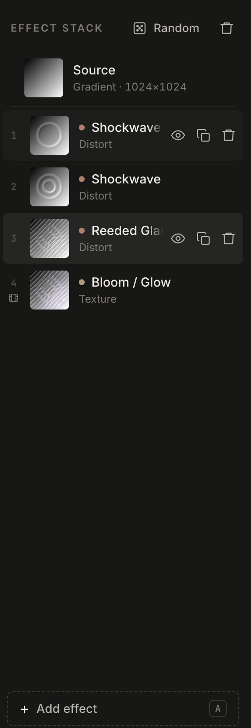 The effect stack: Source, Shockwave, Reeded Glass, Bloom / Glow