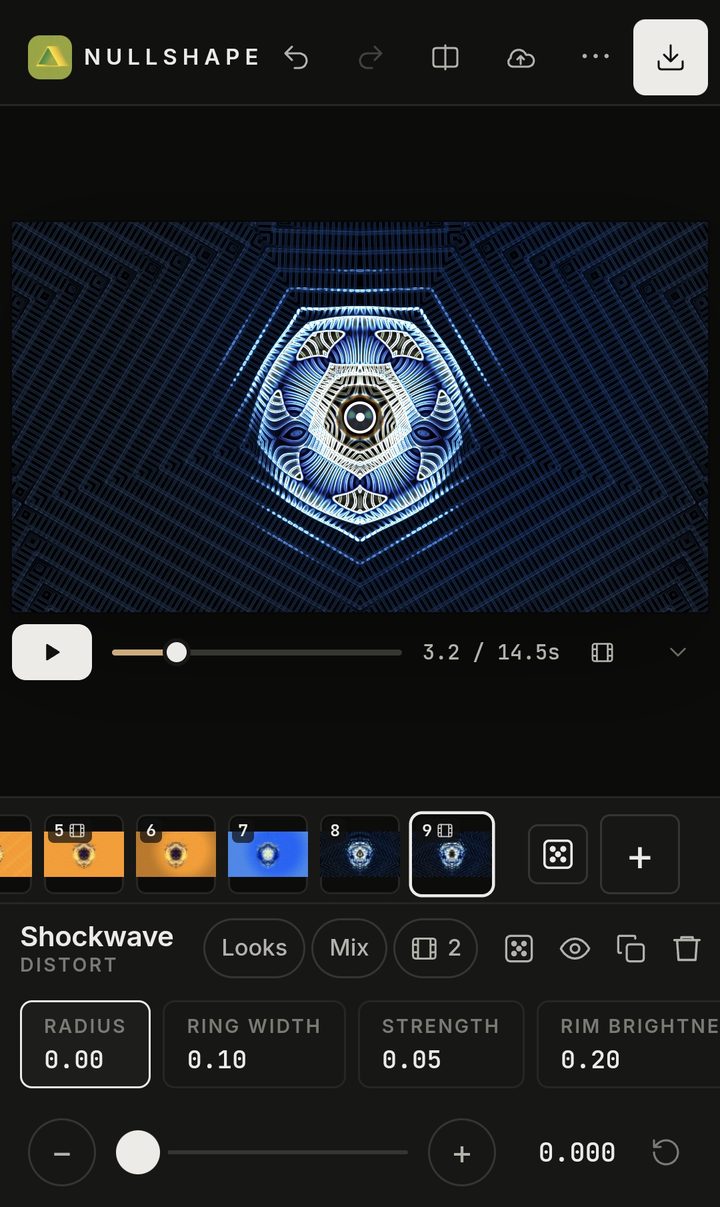 Nullshape on a phone: the Shockwave effect with its settings