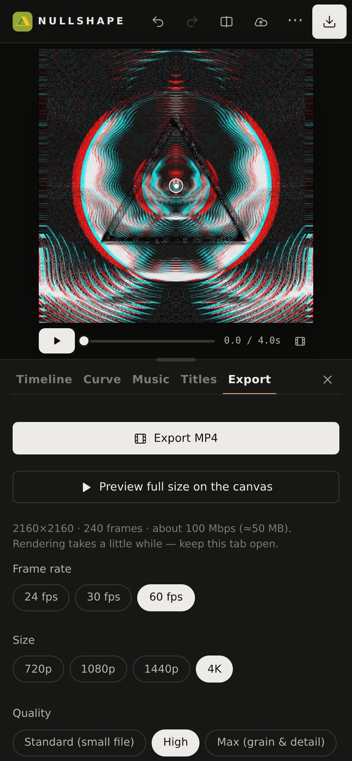 Export MP4: 24, 30 or 60 fps, 720p to 4K, three quality levels